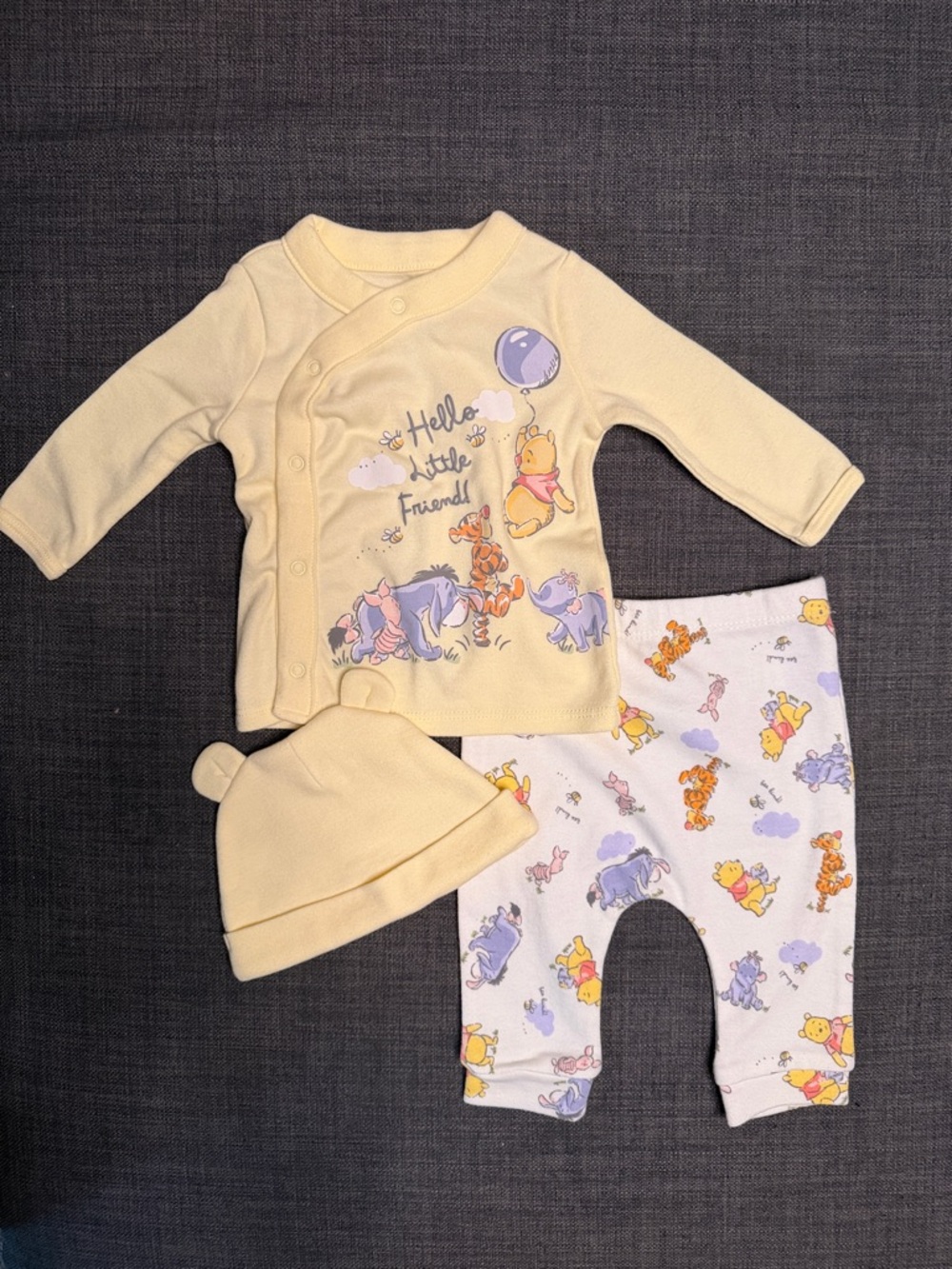 Disney Yellow Winnie the Pooh Infant One-Piece Set with Printed Pants and Hat